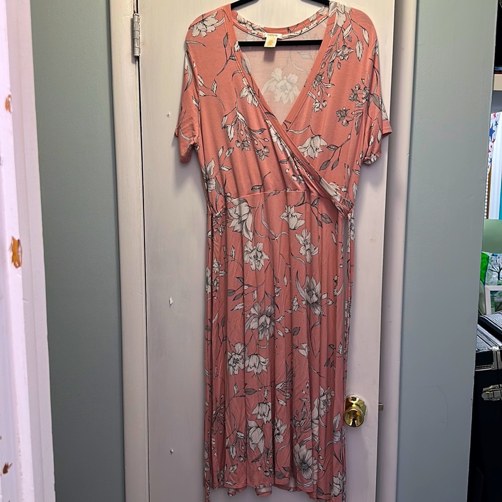 Matty M Pink, White, and Grey Floral Wrap Dress